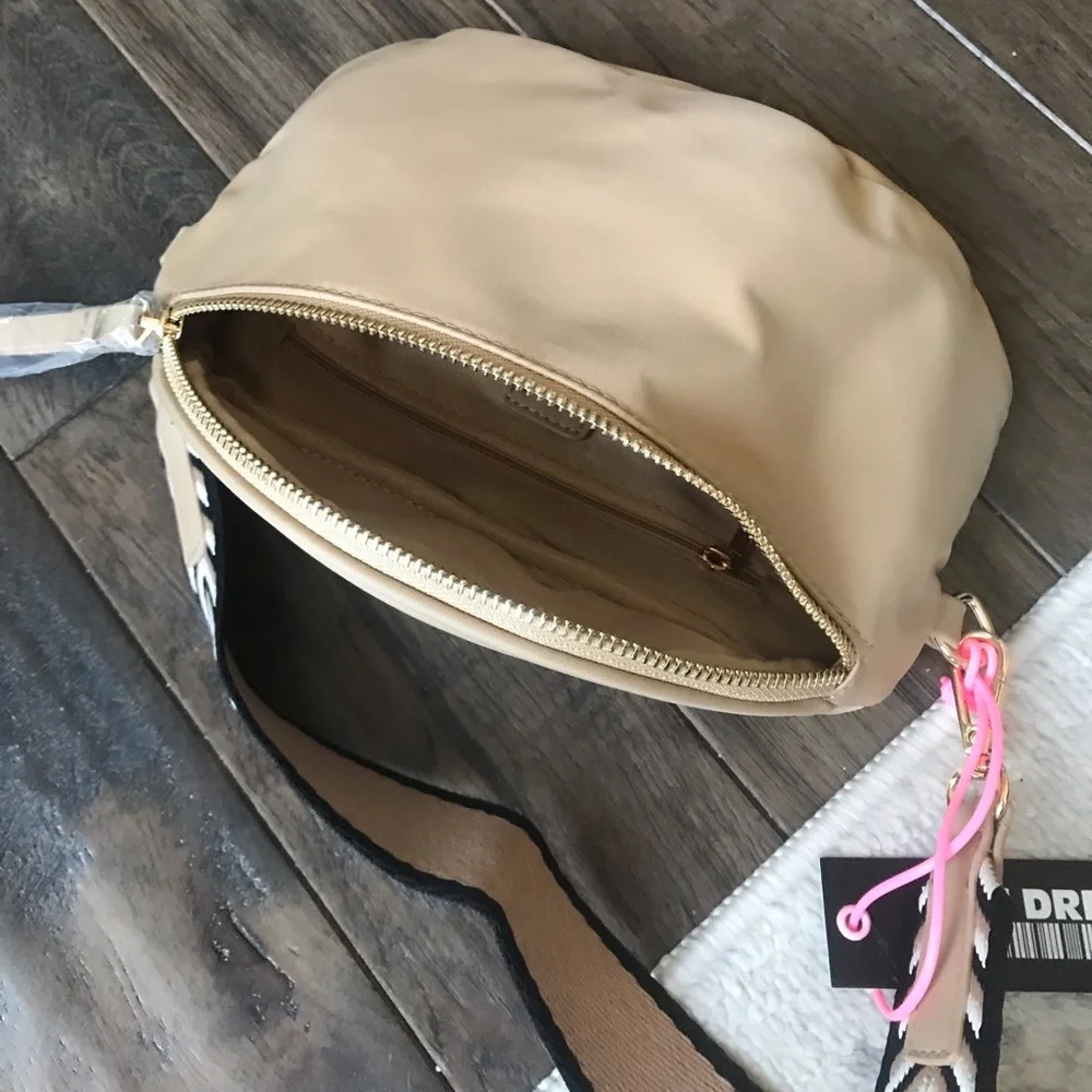 Beige Crossbody Bag with Detachable Patterned Strap